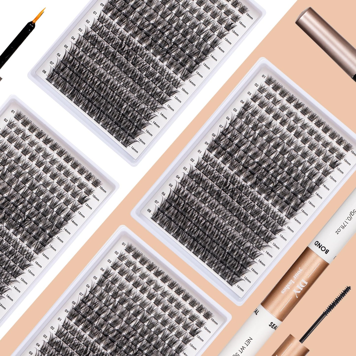 Lash Clusters DIY Lash Extension Kit 204 Individual Lashes Clusters Eyelash Extension Kit with Applicator and Lash Bond & Seal,Lash Extension Remover Mix 10-16mm C D Curl EASY TO USE-（DM01+DM17）