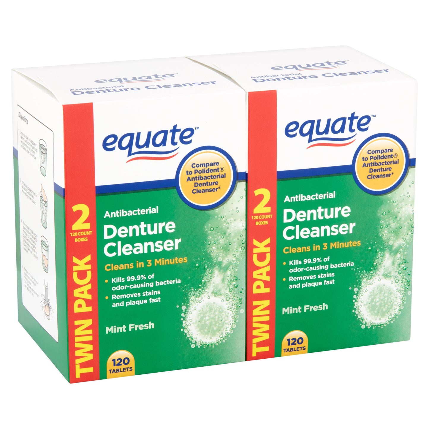 Denture Cleanser Equate Tablets Fresh Mint 240 Bundle with Dentu-Care Denture Retainer Cleaning Cup Case Bath With Basket Lid for Maintaining Good Oral Care for Full/Partial Dentures