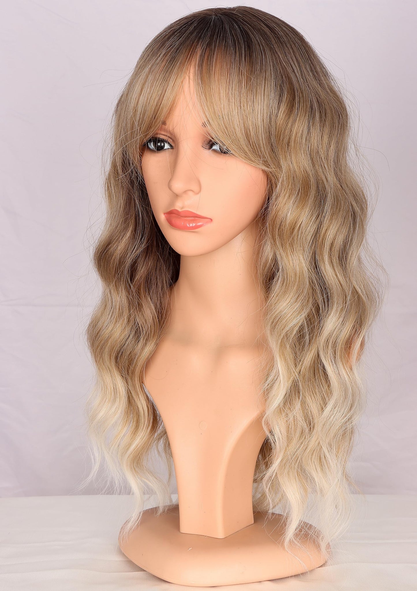 SYMEIW Ombre Dirty Blonde Wavy Wigs With Bangs For Women Medium Long Ash Blonde Wigs Synthetic Blonde Hair Replacement Wigs Daily Use Wigs 18 Inch （Dirty Blonde）