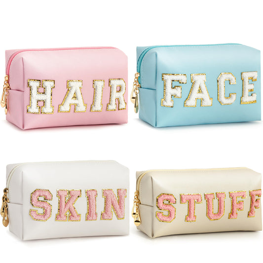 Vorey 4PCS Preppy Makeup Bag for Women Travel Toiletry Bag Chenille Letter Cosmetic Bag PU Leather Waterproof Pouch Cute Zipper Organizer, Stuff, Skin, Hair and Face