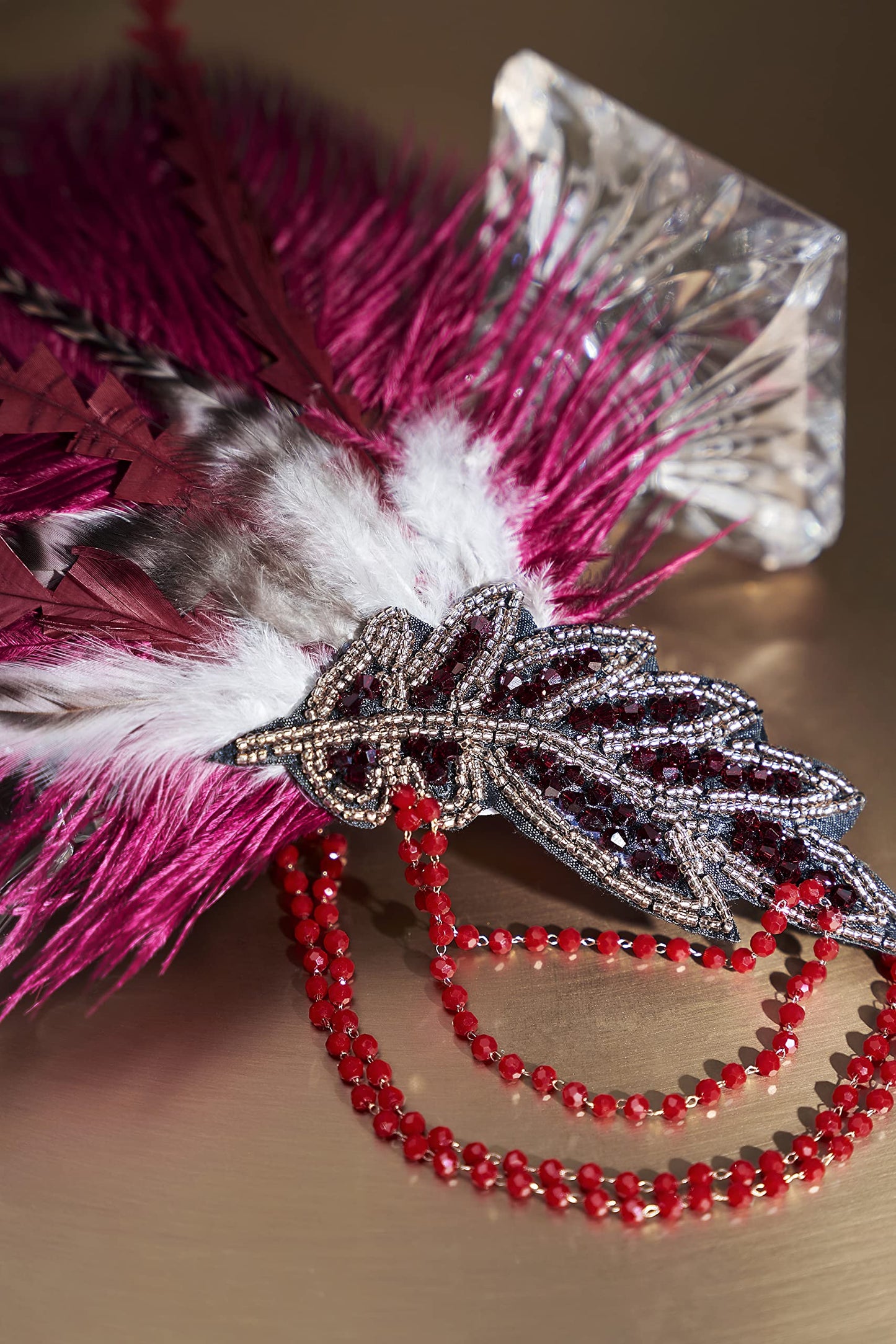 BABEYOND 1920s Headpiece Flapper Headband - Roaring 20's Sequined Showgirl Hair Band with Feather (Wine Red)