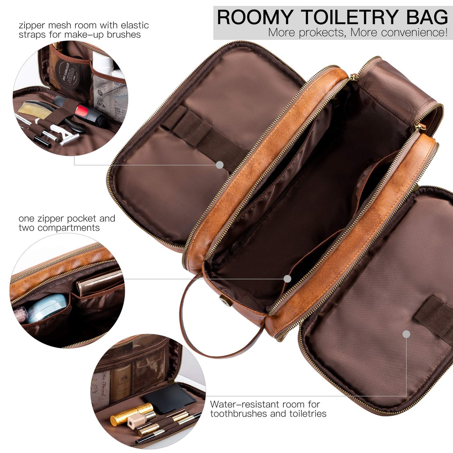 Elviros Toiletry Bag for Men, Large Travel Shaving Dopp Kit Water-resistant Bathroom Toiletries Organizer PU Leather Cosmetic Bags (Brown+Dark coffee)