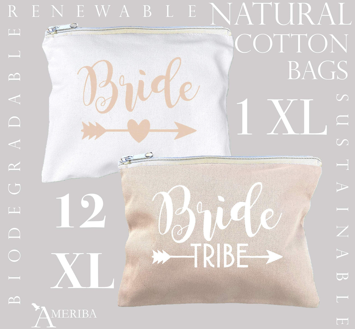 12 Pack Set + 1 Bride Bag | AMERIBA Premium Natural Cotton Canvas Makeup Bag- Bridesmaids Gifts for The Bachelorette Party or Bridal Shower (White & Soft Peach)