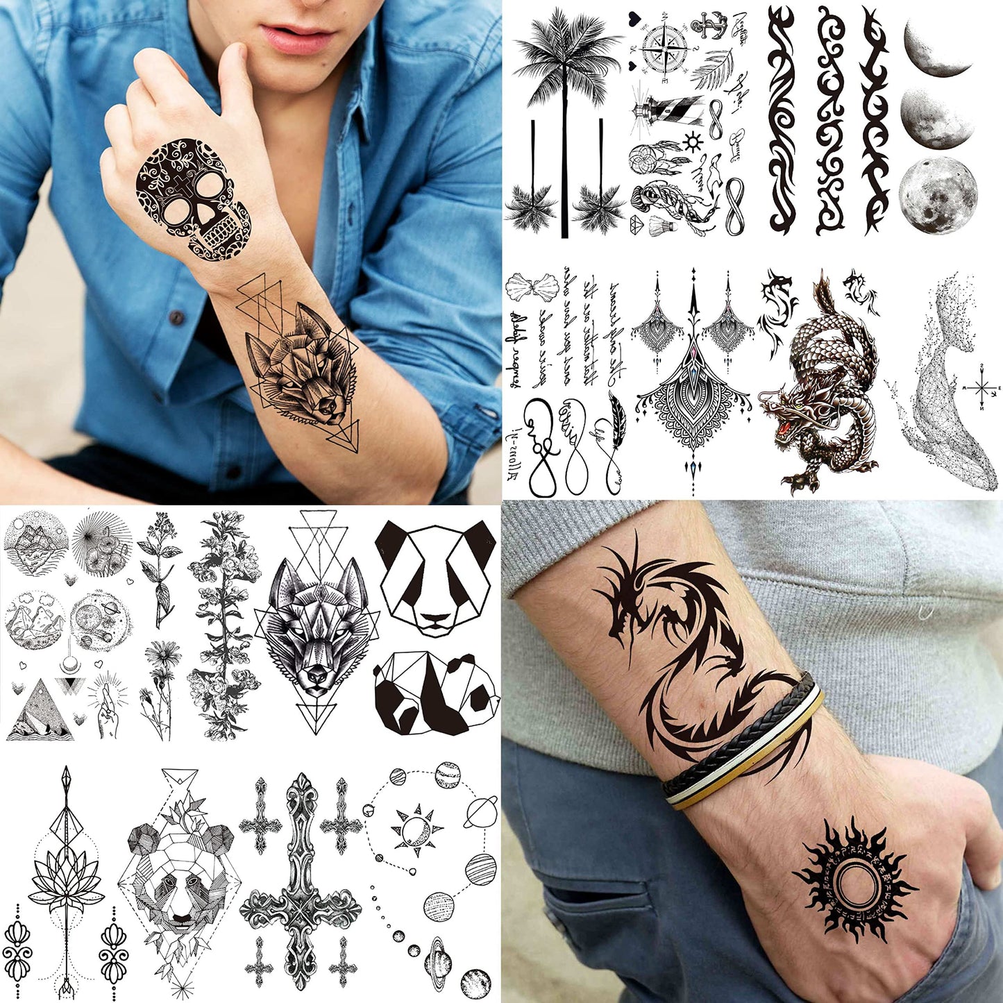 VANTATY 66 Sheets 3D Small Black Temporary Tattoos For Women Men Waterproof Fake Tattoo Stickers For Face Neck Arm Children Flower Birds Star Realistic Tatoo Kits For Boy Girls Adults