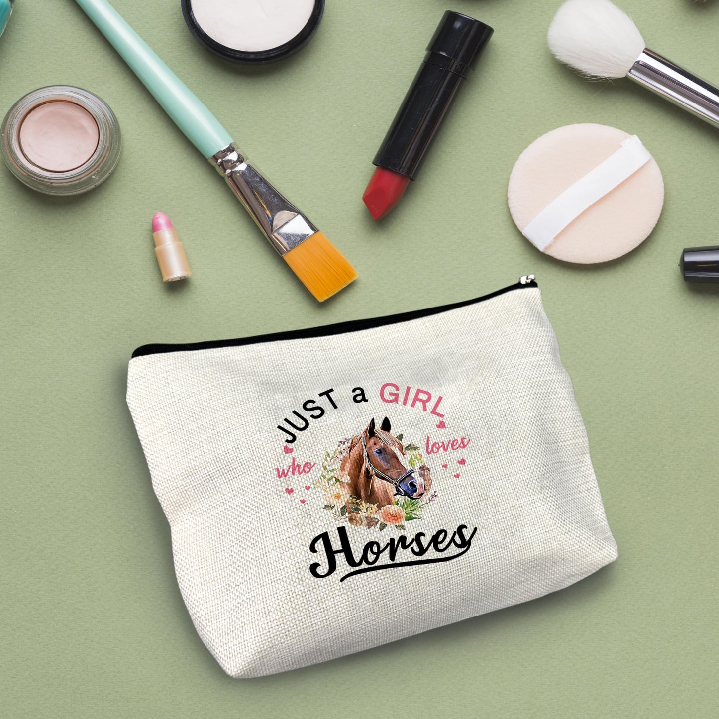 NATSUNO Horses Makeup Bag,Horses Cosmetic Bag,White Makeup Bag,Just A Girl Who Loves Horses Make Up Bag,Floral Makeup Bag,Girls Makeup Bag,Makeup Bag For Girls