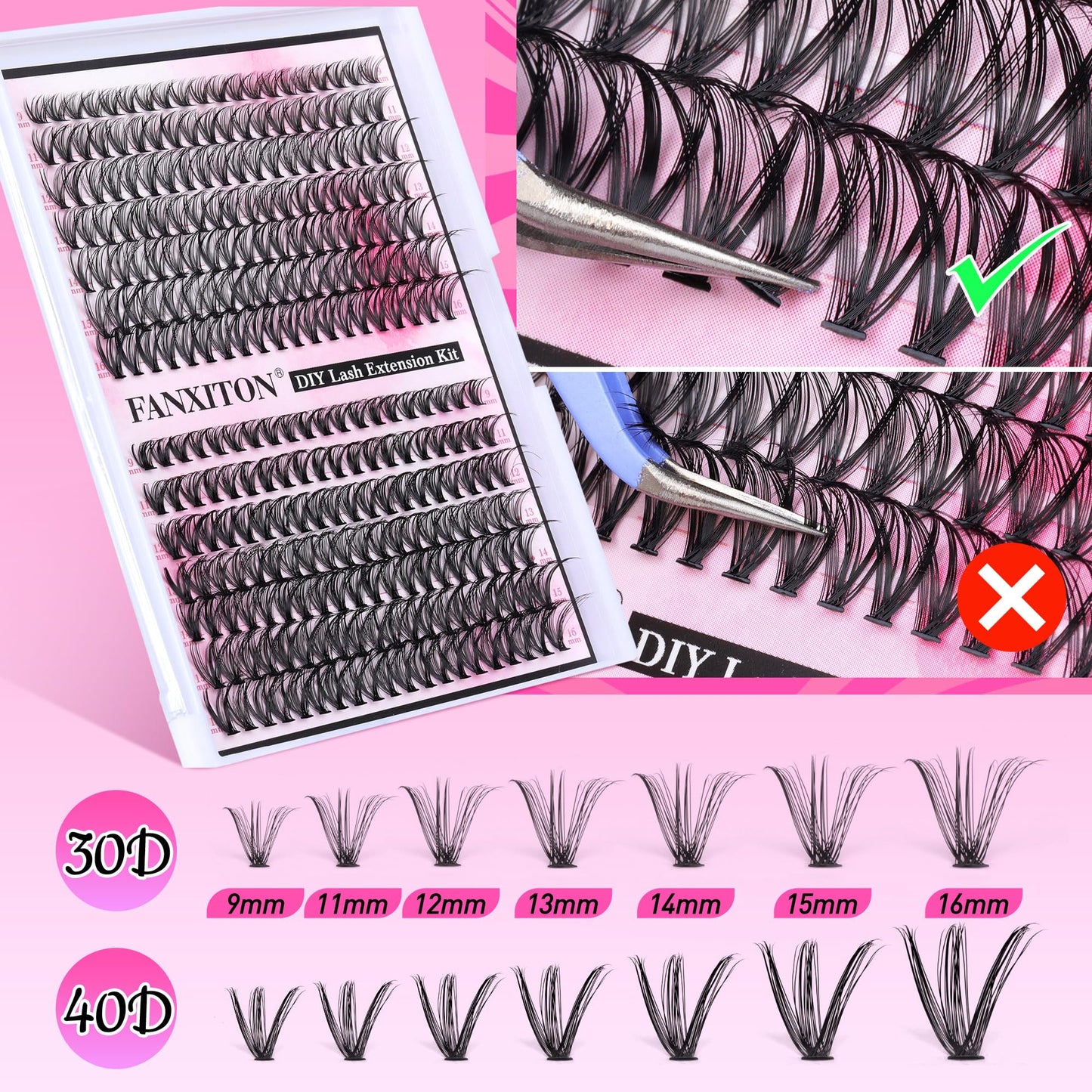 DIY Lash Extension Kit Natural Lash Clusters 30D+40D Mix 9-16mm D Curl lndividual Lashes Lash Remover 280pcs Wispy Eyelash Extension Kit with Lash Bond and Seal and Lash Tweezers by FANXITON