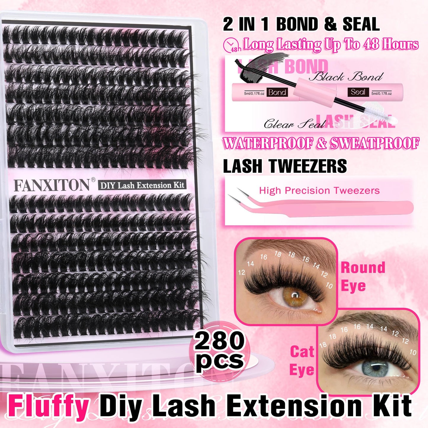 FANXITON Fluffy Lash Clusters with Lash Bond and Seal Waterproof, 10-18mm D Curl Volume Lash Extension Kit 280pcs Individual Lashes Lash Clusters Kit and Lash Tweezers Thick DIY Eyelash Extension Kit