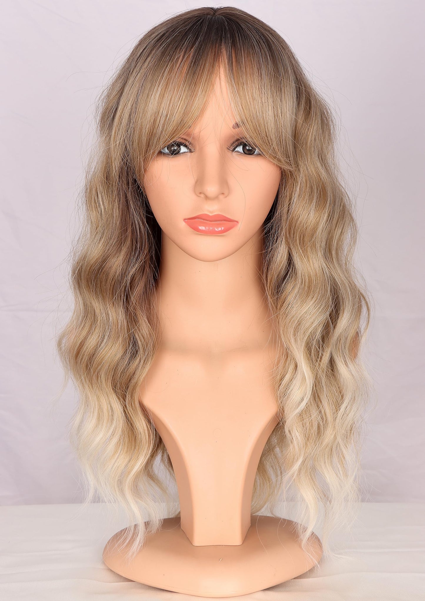 SYMEIW Ombre Dirty Blonde Wavy Wigs With Bangs For Women Medium Long Ash Blonde Wigs Synthetic Blonde Hair Replacement Wigs Daily Use Wigs 18 Inch （Dirty Blonde）