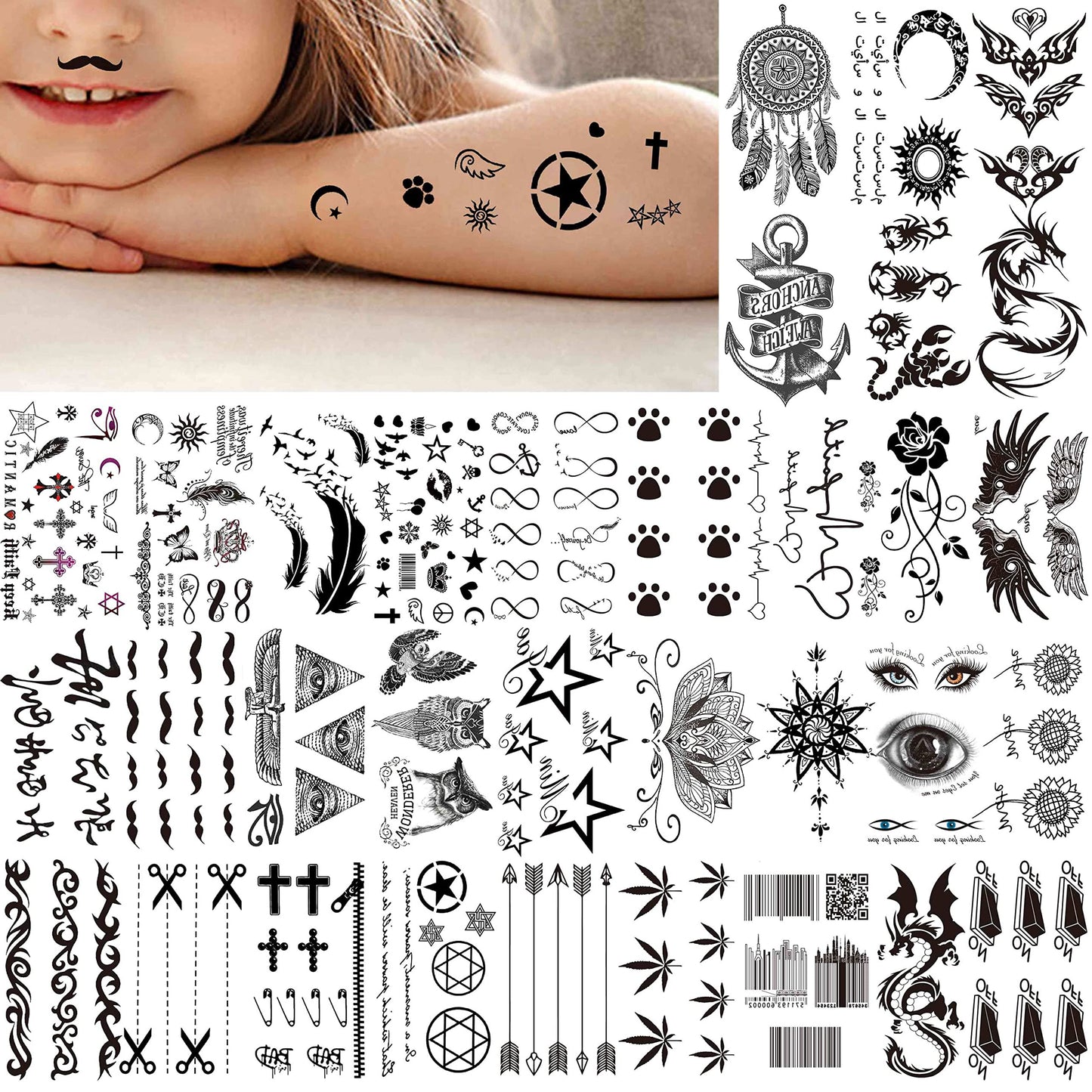 VANTATY 66 Sheets 3D Small Black Temporary Tattoos For Women Men Waterproof Fake Tattoo Stickers For Face Neck Arm Children Flower Birds Star Realistic Tatoo Kits For Boy Girls Adults