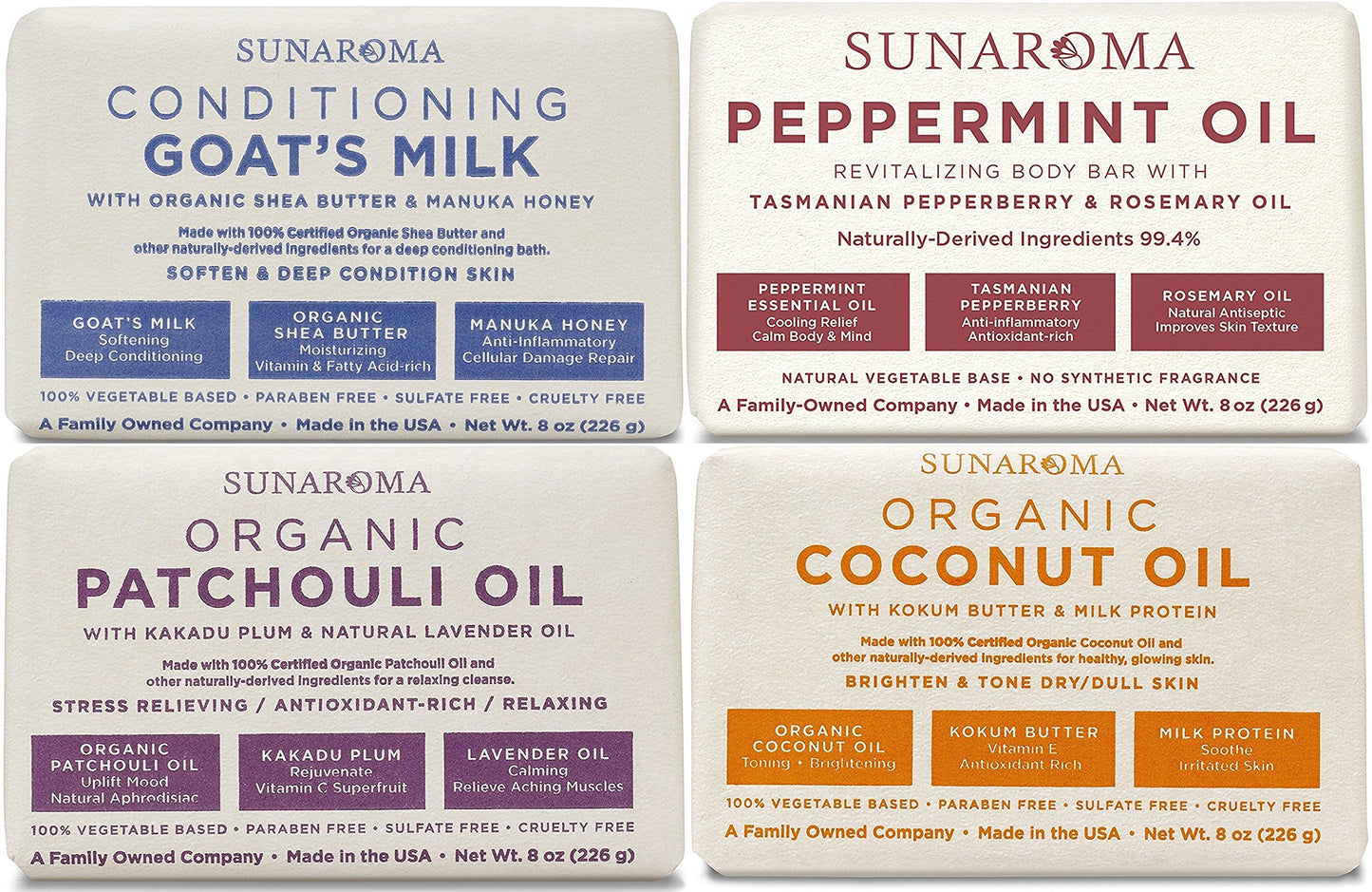 Sunaroma Bar Soap Combo Set, 8 Ounce Bars (Set of 4 Bars)