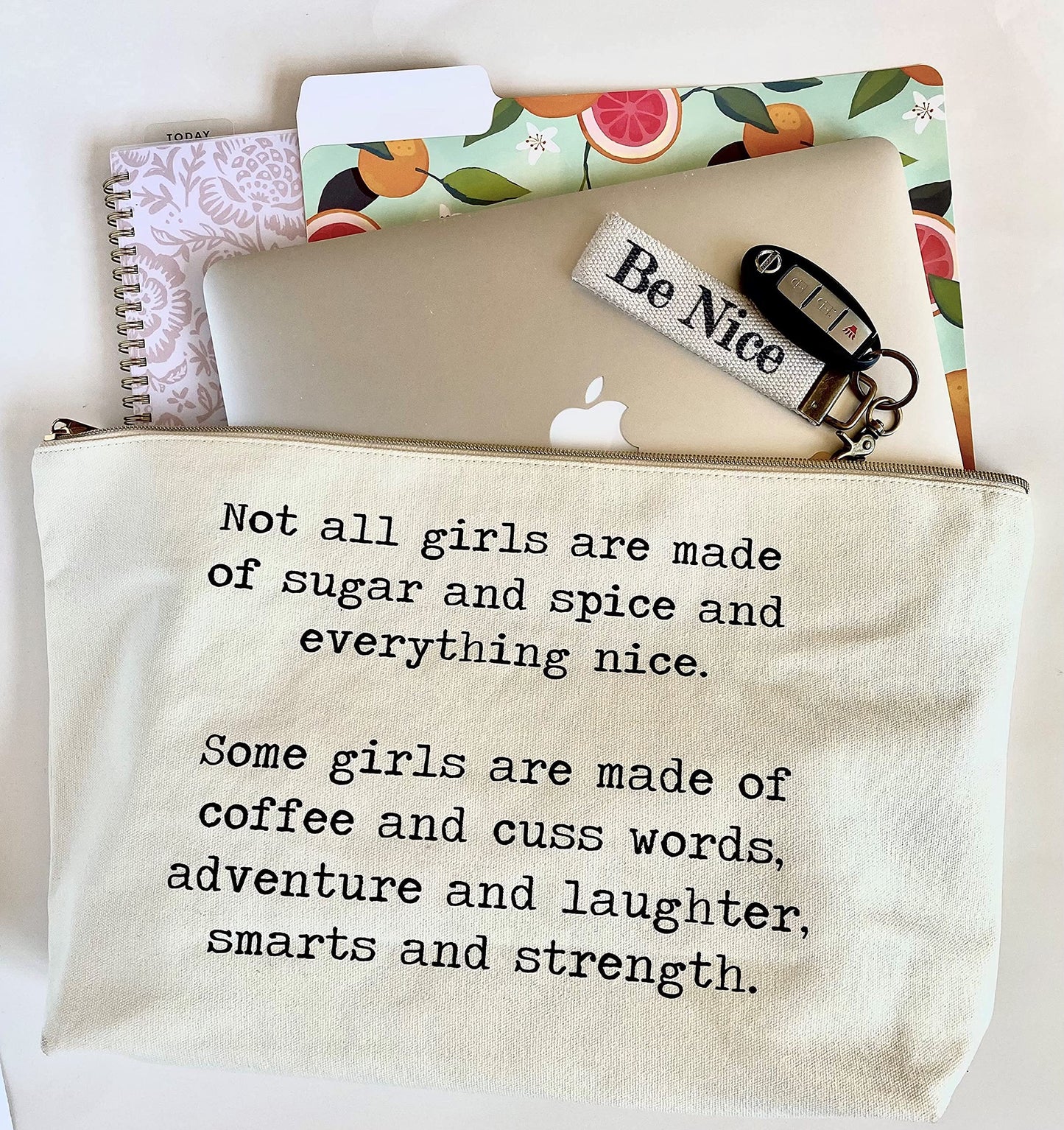 Jules Natural Canvas Extra Large Makeup Zipper Bag Not All Girls Are Sugar And Spice (Large - Extra Wide)