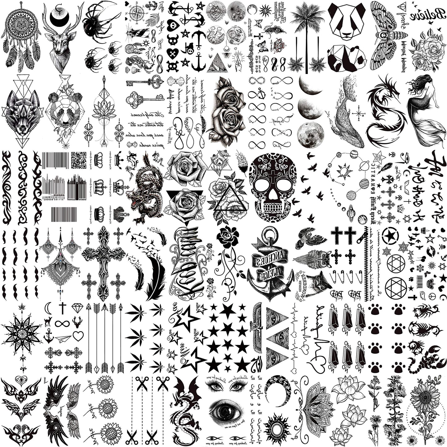 VANTATY 66 Sheets 3D Small Black Temporary Tattoos For Women Men Waterproof Fake Tattoo Stickers For Face Neck Arm Children Flower Birds Star Realistic Tatoo Kits For Boy Girls Adults