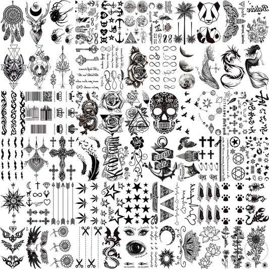 VANTATY 66 Sheets 3D Small Black Temporary Tattoos For Women Men Waterproof Fake Tattoo Stickers For Face Neck Arm Children Flower Birds Star Realistic Tatoo Kits For Boy Girls Adults